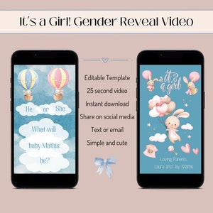 Es una plantilla de vídeo de revelación de género de niña, ideas de revelación de género, editable en Canva, es una revelación de niña, anuncio de saludo digital