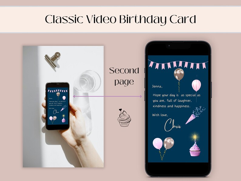 Pu&ograve; includere: Lo schermo di un telefono cellulare che mostra un biglietto di auguri di compleanno con sfondo blu, palloncini rosa e bianchi, un cappello da festa e un cupcake. Il testo sul biglietto dice "Jenna, Spero che il tuo giorno sia speciale come te, pieno di risate, gentilezza e felicit&agrave;. Con affetto, Chris."
