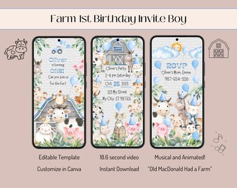 May include: Three smartphone screens displaying a farm-themed birthday invitation for a boy. The design features cartoon animals, blue balloons, and the text "Farm 1st Birthday Invite Boy". The invitation includes party details.