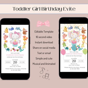 Toddler Girl Birthday Digital Evite, Custom Birthday Invitation Cards, Child Birthday Invitation Template, Animated Birthday Girl Invitation