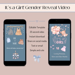 Es una plantilla de vídeo de revelación de género de niña editable en Canva, ideas de revelación de género, es una revelación de niña, anuncio de saludo digital