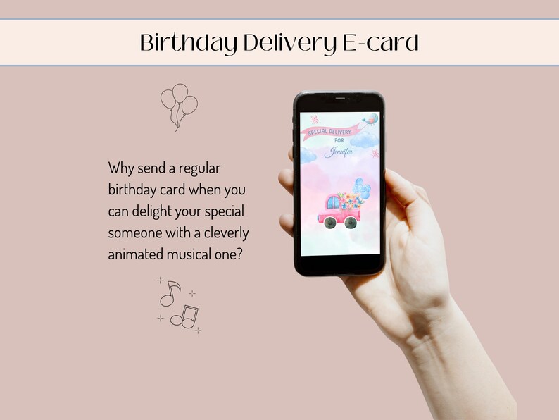 K&ouml;nnte beinhalten: Ein Smartphone, auf dem eine digitale Geburtstagskarte mit einem rosa Auto zu sehen ist, das Ballons transportiert, und dem Text "SPECIAL DELIVERY FOR Joonja".