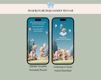 Teddy Bear Gender Reveal Video: Baby Boy Announcement (Digital Download, Canva Template