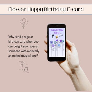 May include: A smartphone displaying a digital birthday card with a bee and flowers. The card reads "Happy Birthday Andrea". The text below the image says "Why send a regular birthday card when you can delight your special someone with a cleverly animated musical one?"