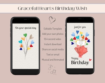 Animated Birthday E-card Video Template: Musical Heart Balloons (Digital Download)