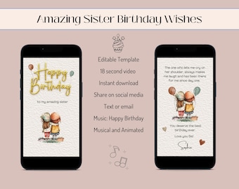 Animated Birthday E-card for Sister: Canva Template (Digital Download)