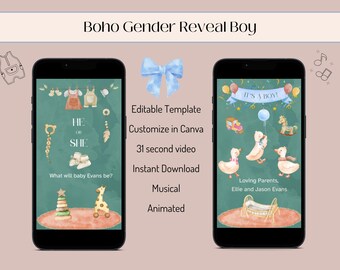 Boho Gender Reveal Video: Animated Baby Boy Announcement (Digital Download)
