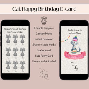 Funny Cat Birthday Card for Mobile Phone, Cat Lover Birthday Card, Card from the Cat, Editable Birthday Card, Digital Animated Greeting Card