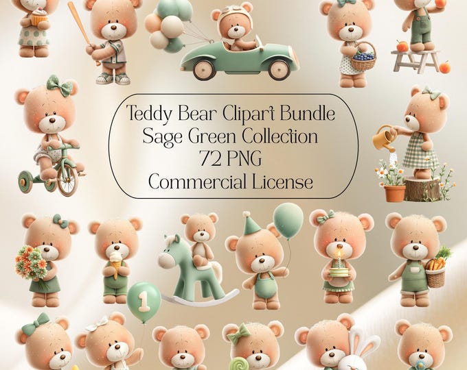 Featured listing image: Teddy Bear Clipart Bundle 72 PNG, Sage Green Baby Shower Decor, Nursery Wall Art, Digital Clipart for Birthday Party Invitations