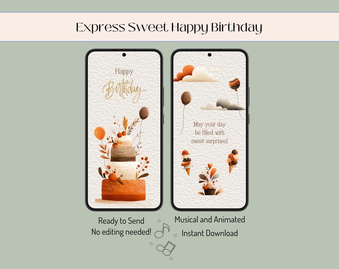 Featured listing image: Happy Birthday Video Card, Animated Musical E-card, Instant Download MP4 for Text Email & Social Media (Non-Editable)