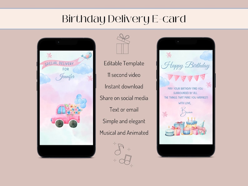 K&ouml;nnte beinhalten: Eine digitale Geburtstagskarte mit einem rosa und blauen Aquarellhintergrund. Die Karte zeigt einen rosa LKW mit Blumen und einem blauen Vogel sowie den Text "SPECIAL DELIVERY FOR Jennifer". Die zweite Karte zeigt einen Kuchen mit Kerzen und den Text "Happy Birthday" und "M&ouml;ge dein Geburtstag dich umgeben von all den Dingen finden, die dich am gl&uuml;cklichsten machen! Mit Liebe, Brian".
