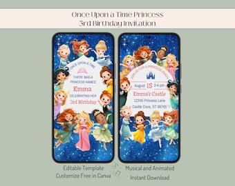 May include: A digital invitation for a 3rd birthday party, featuring princess illustrations on a starry blue background. The invitation includes the text "Once Upon a Time Princess" and details for Emma's party, including the date, time, and location.