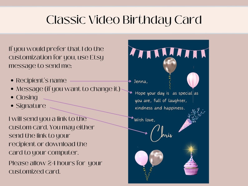 Pu&ograve; includere: Un biglietto di compleanno blu con palloncini rosa e bianchi, una cupcake e coriandoli. Il biglietto dice "Jenna, Spero che il tuo giorno sia speciale come te, pieno di risate, gentilezza e felicit&agrave;. Con affetto, Chris."
