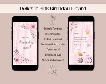 Animated Birthday E-card: Pink Floral Canva Template (Digital Download)