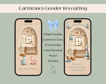 Boho Gender Reveal Video: Baby Boy Announcement (Editable Template, Digital Download
