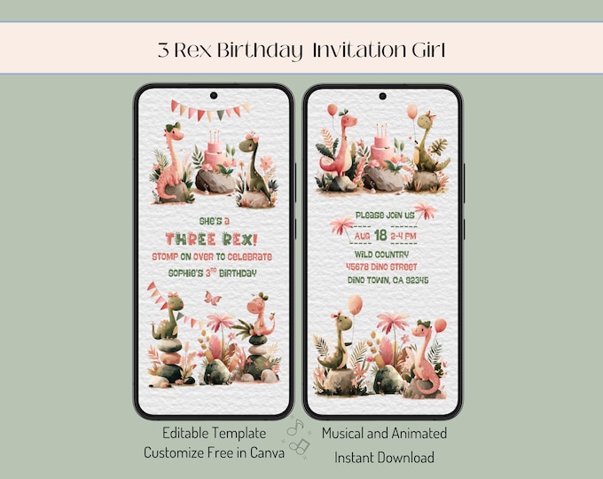 Featured listing image: Animated 3 Rex Birthday Invitation: Musical Dinosaur Evite (Digital Download)