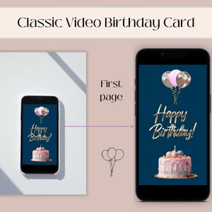 Pu&ograve; includere: Lo schermo di uno smartphone che mostra un biglietto di auguri di compleanno con un palloncino rosa e oro, una torta con candele e il testo "Buon compleanno!" su uno sfondo blu scuro.