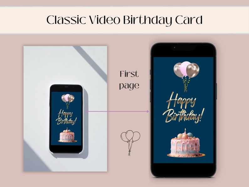 Pu&ograve; includere: Lo schermo di uno smartphone che mostra un biglietto di auguri di compleanno con un palloncino rosa e oro, una torta con candele e il testo "Buon compleanno!" su uno sfondo blu scuro.