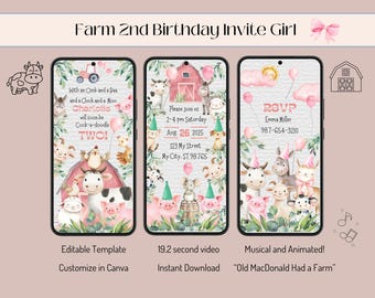 Farm Animal 2nd Birthday Invitation: Pink Party Evite (Digital)
