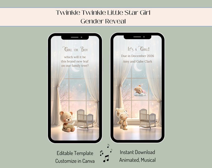 Featured listing image: Twinkle Star Baby Girl Gender Reveal Animated Video Announcement Canva Template