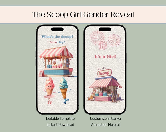 Featured listing image: Animated Ice Cream Gender Reveal Video: It's a Girl Announcement (Digital Download, Editable in Canva