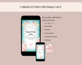 Animated Birthday E-card Video: Mobile Canva Template (Digital Download)