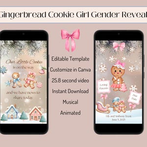 Plantilla de video de revelación de género de invierno para niña, video de revelación de género de Navidad, ideas de revelación de género con galletas, anuncio de género digital