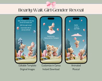 Teddy Bear Gender Reveal Video: It's a Girl Announcement (Digital Download, Canva Template