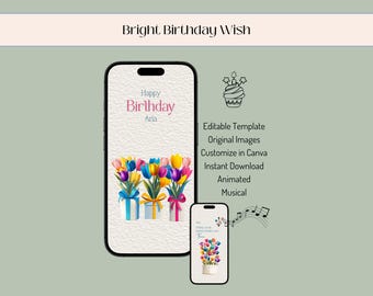 Animated Happy Birthday Video Card: Mobile E-Card Template (Canva Editable, Digital Download)