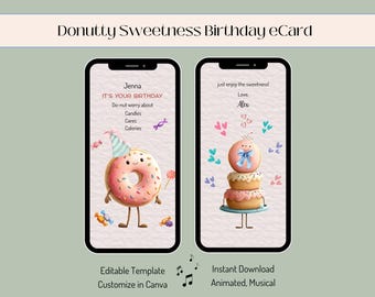 Donut Birthday Video Card Funny Animated Musical E-card Editable Canva Template Sweet Birthday Greeting Instant Download MP4