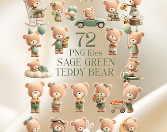 May include: A collection of 72 PNG files featuring light brown teddy bears in sage green outfits. The bears are depicted in various activities including sitting in a rocking chair, driving a car, holding balloons, flowers, and food items.