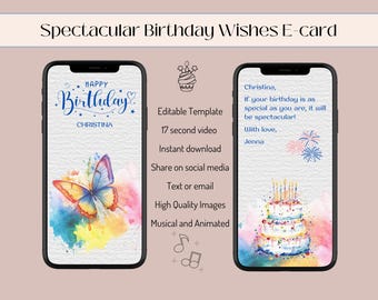 Personalized Animated Birthday E-card: Watercolor Design (Digital Download)