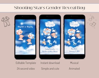 Shooting Stars Digital Gender Announcement, Gender Reveal Video Boy, Animated Video Template Editable in Canva, Pregnancy Announcement