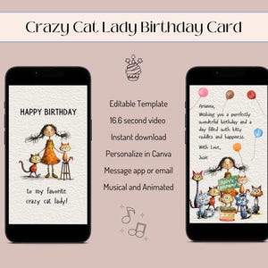 Crazy Cat Lady Birthday E-card, Birthday Wishes for Cat Lovers, Musical Animated Birthday Card Video Template Editable in Canva