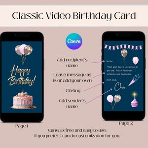 Pu&ograve; includere: Un modello di biglietto di auguri di compleanno video in due pagine con sfondo blu. La pagina uno presenta una torta rosa e blu con candele e palloncini. La pagina due presenta un cupcake rosa e blu con palloncini e coriandoli. Il testo della pagina due recita: "Jenna, Spero che il tuo giorno sia speciale come te, pieno di risate, gentilezza e felicit&agrave;. Con affetto, Chris."