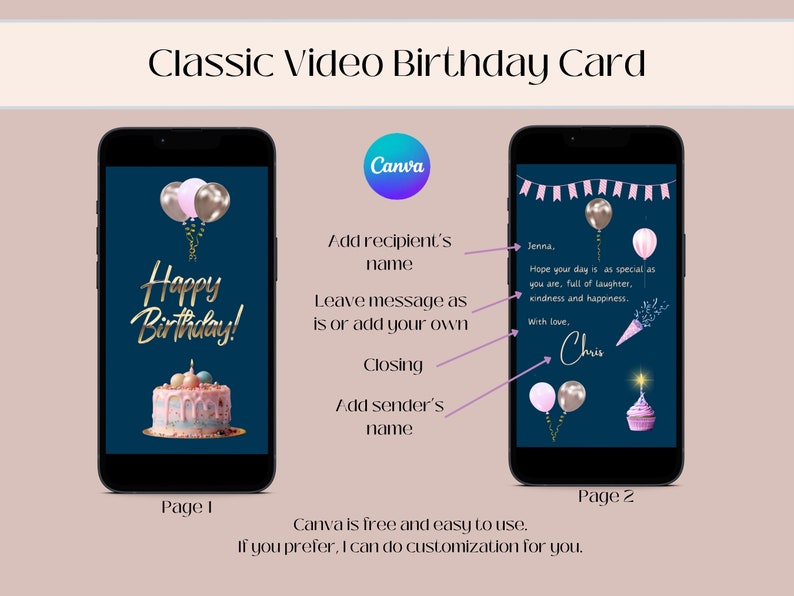 Pu&ograve; includere: Un modello di biglietto di auguri di compleanno video in due pagine con sfondo blu. La pagina uno presenta una torta rosa e blu con candele e palloncini. La pagina due presenta un cupcake rosa e blu con palloncini e coriandoli. Il testo della pagina due recita: "Jenna, Spero che il tuo giorno sia speciale come te, pieno di risate, gentilezza e felicit&agrave;. Con affetto, Chris."