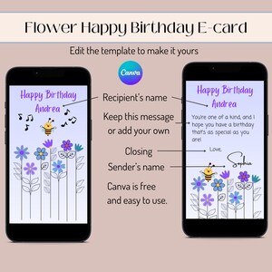 May include: A customizable digital birthday card template featuring a bee and flowers. The text on the card reads "Happy Birthday Andrea". The template includes space for the recipient's name, a message, a closing, and the sender's name.