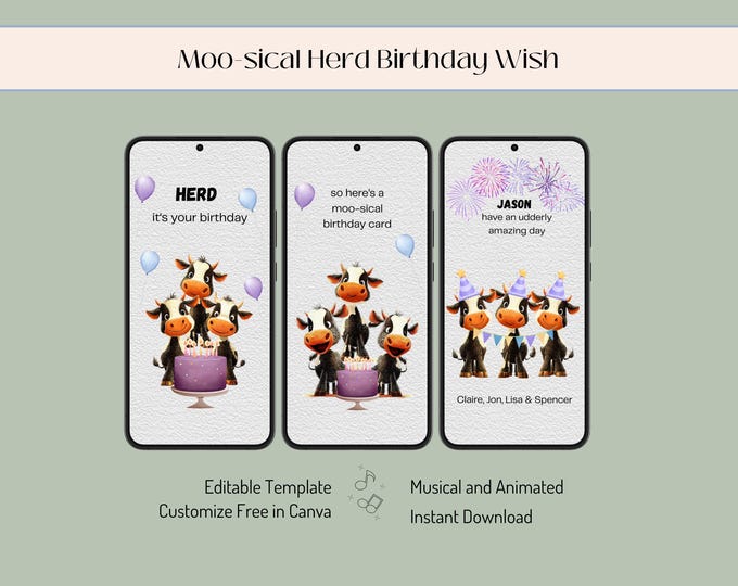 Featured listing image: Punny Cow Animated Birthday E-Card: Animated MP4 Message (Digital Download, Editable in Canva)