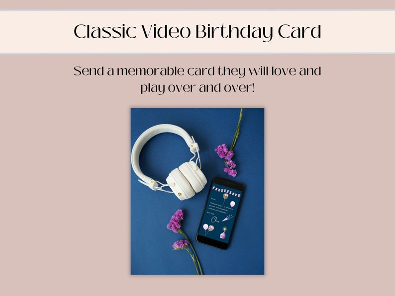 Pu&ograve; includere: Un paio di cuffie bianche e uno smartphone con un'app di biglietto di auguri di compleanno aperta su uno sfondo blu. La carta ha un tema di palloncini viola e bianchi con il testo "Buon compleanno".