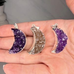 Moon-Shaped Amethyst Druzy Pendant with Silver Edge | You Choose Which | Natural Crystal Jewelry from Brazil