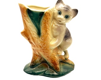 Royal Copley - Kitten On Tree Stump Vase - Vintage - 6.5"