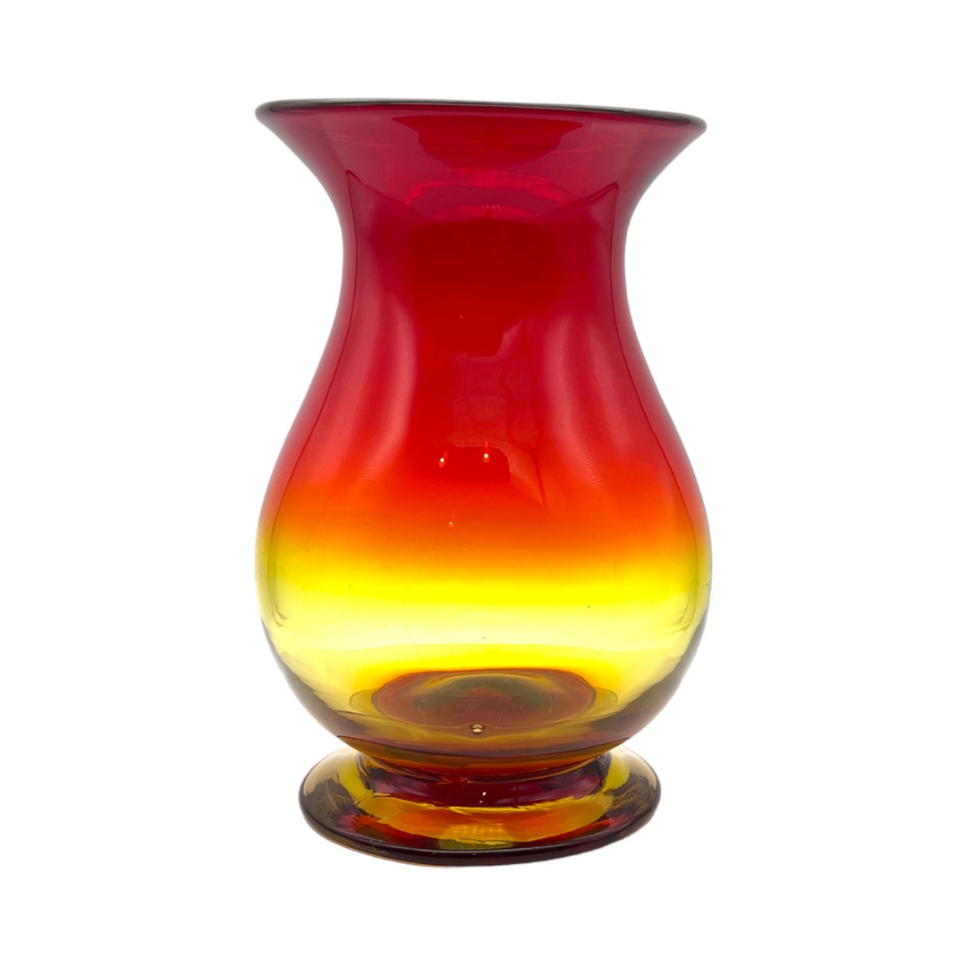 Amberina Glass Vase With Pedestal Glows Vintage Large Etsy