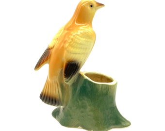 Royal Copley -Orange Tanager On Tree Stump Planter - Vintage - 6.25"