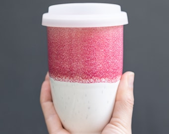 Coral Ceramic Travel Mug 12oz with Silicone Lid & Band – Reusable Pottery Coffee Cup Gift for Coffee Lovers | Eco Friendly To-Go Tumbler