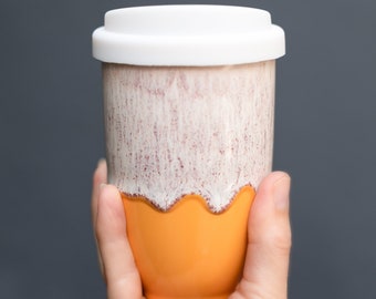 12oz Ceramic Travel Coffee Mug with Silicone Lid & Heatband – Reusable To Go Cup, Grapefruit Glaze – Eco Gift for Coffee Lovers