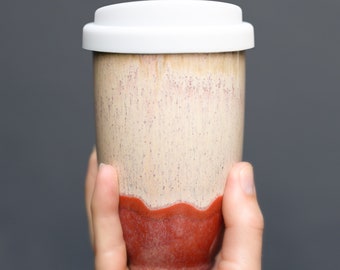 Ceramic Coffee Cup With Silicone Lid and Heatband, Travel Coffee Mug, To Go Mug Tumbler, Ceramic Coffee Mug, 12oz, Jupiter
