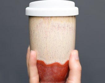 Jupiter Ceramic Travel Coffee Mug with Lid & Heatband – 12oz Reusable Cup – Pottery To Go Tumbler – Eco Gift for Coffee Lovers