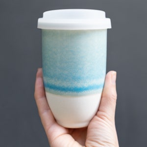 Lagoon Ceramic Travel Mug 12oz – Reusable Coffee Tumbler with Lid & Heat Band, Pottery To Go Mug, Dishwasher Safe Gift for Coffee Lovers