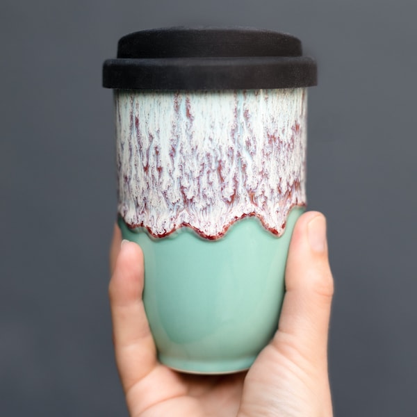 Ceramic Coffee Mug With Silicone Lid And Heatband, Travel Coffee Mug, Ceramic Keep Cup, Pottery To Go Coffee Mug, 12oz, Nebula