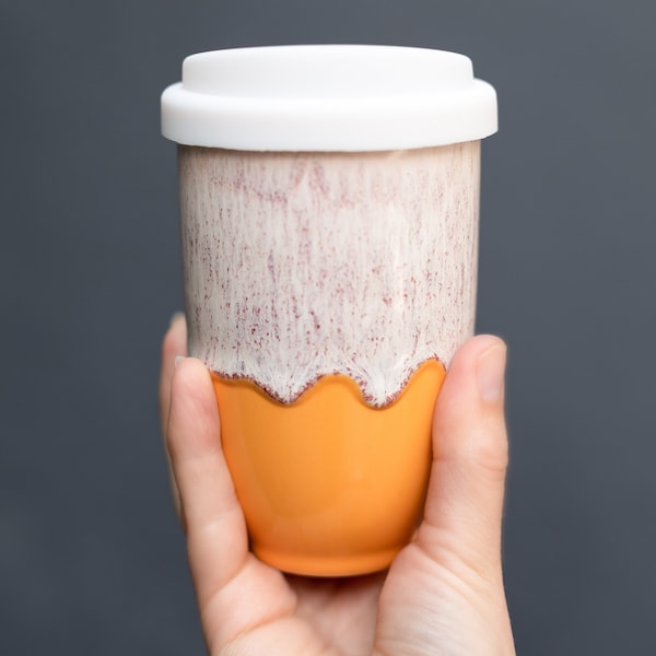 Ceramic Coffee Cup With Silicone Lid And Heatband, 12oz To Go Coffee Mug, Travel Coffee Mug, Christmas Gift Mug, Grapefruit